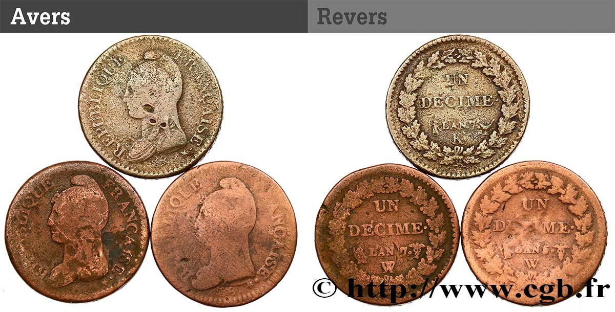 Lot de 3 pièces de Un Décime Dupré n.d. - F.129/18 B/q.BB 