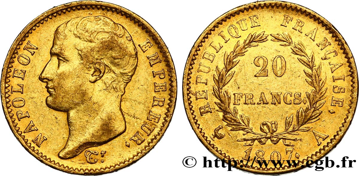 20 francs or Napoléon tête nue, type transitoire 1807 Paris F.514/1 XF48 