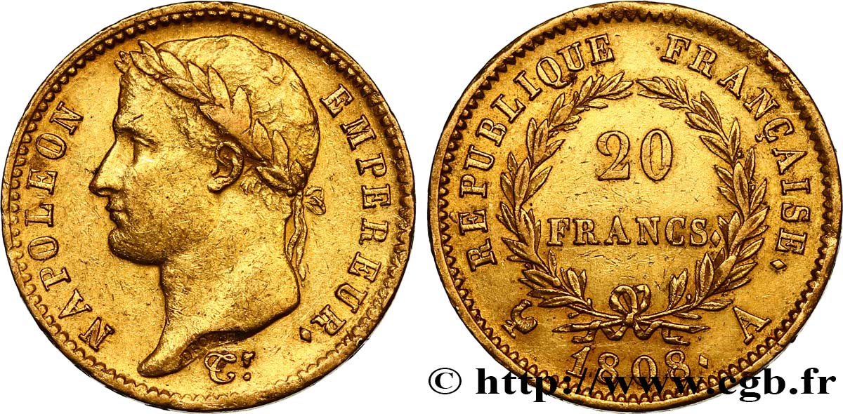 20 francs or Napoléon tête laurée, République française 1808 Paris F.515/2 SS45 