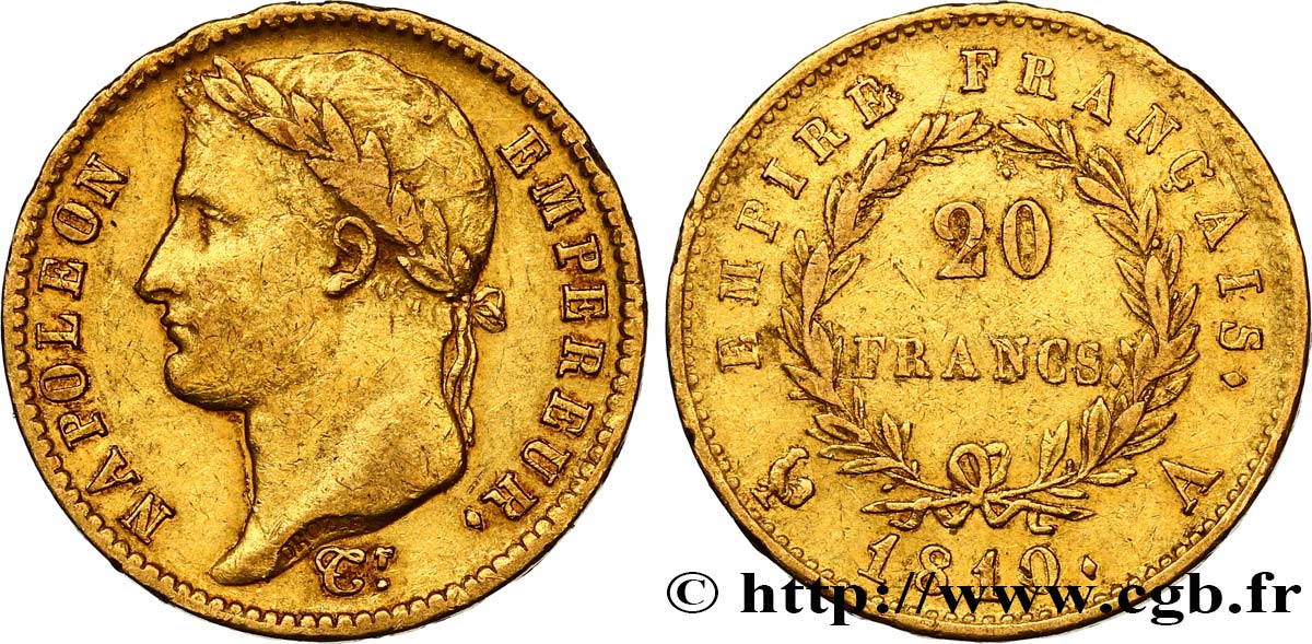 20 francs or Napoléon tête laurée, Empire français 1810 Paris F.516/8 XF42 