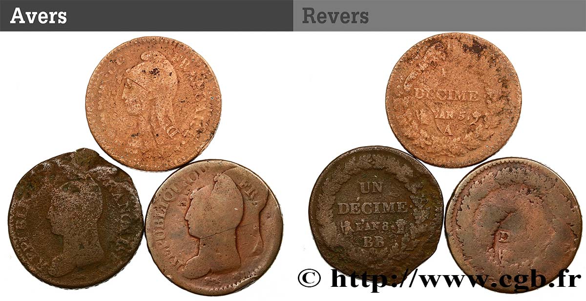 Lot de 3 pièces de Un Décime Refrappage et Un Décime Dupré n.d. - F.128/1 RC/BC 