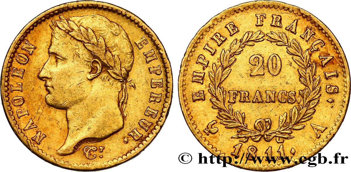 20 francs or Napoléon, tête laurée, Empire français 1811 Paris F.516/16 MBC45 