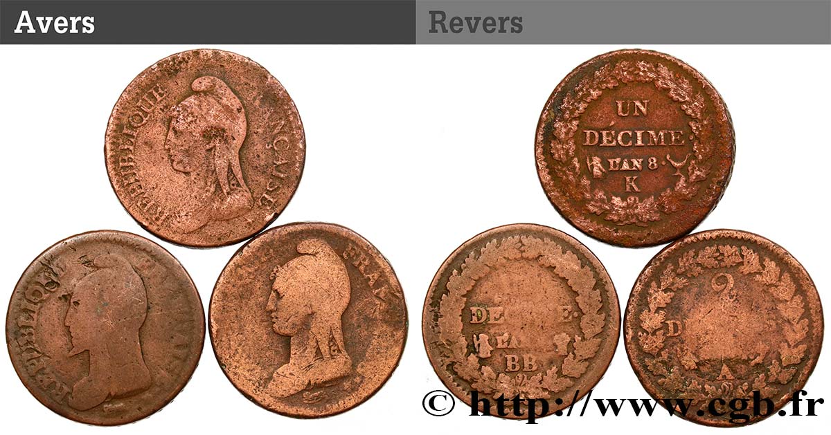 Lot de 3 pièces de 2 Décimes et de Un Décime Dupré n.d. - F.145/1 B/MB 