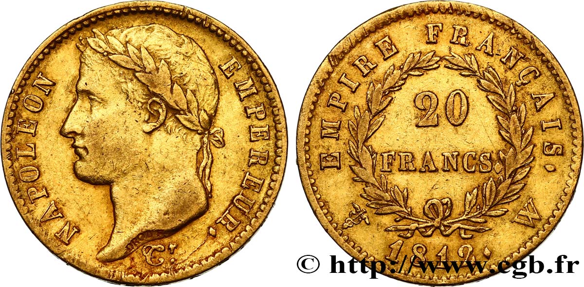 20 francs or Napoléon tête laurée, Empire français 1812 Lille F.516/29 MBC45 