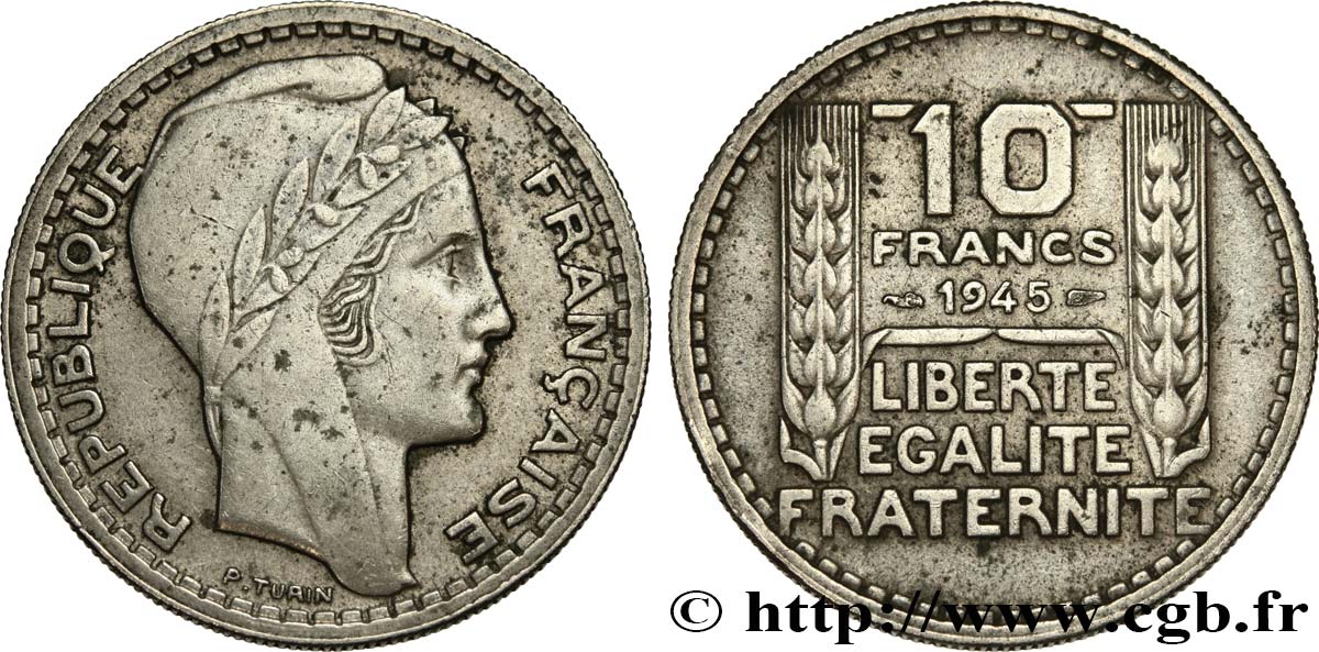 10 francs Turin, grosse tête, rameaux courts 1945  F.361A/1 XF48 
