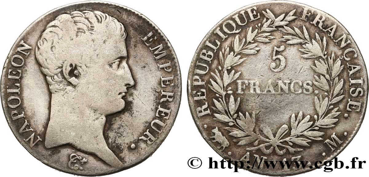 5 francs Napoléon Empereur, Calendrier révolutionnaire 1805 Toulouse F.303/13 TB 