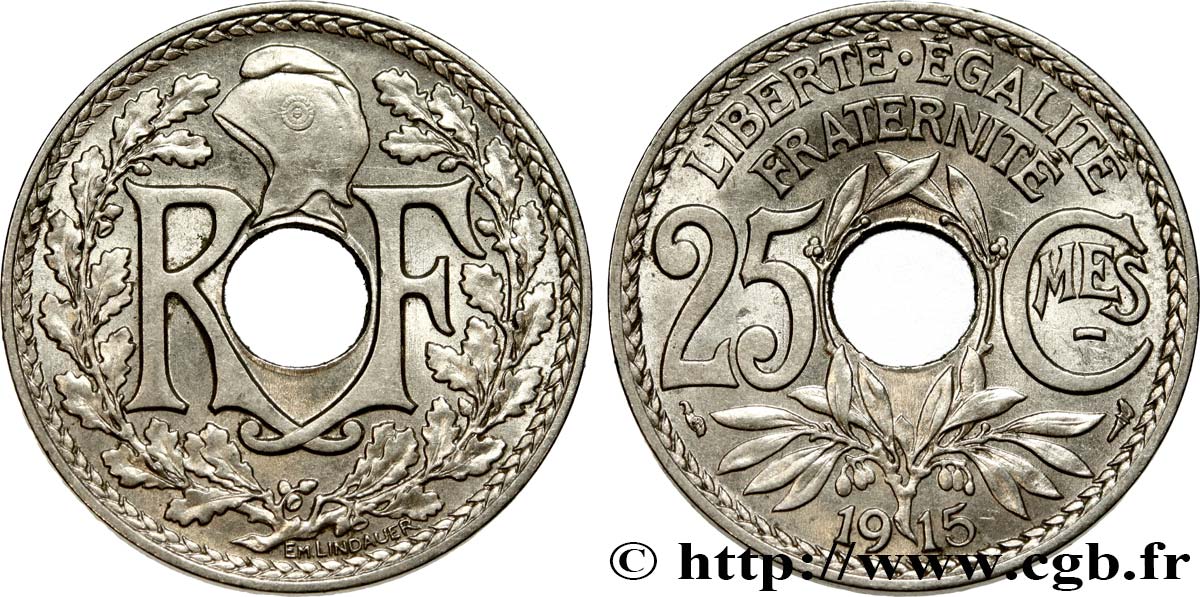 25 centimes Lindauer, Cmes souligné 1915  F.170/3 AU55 