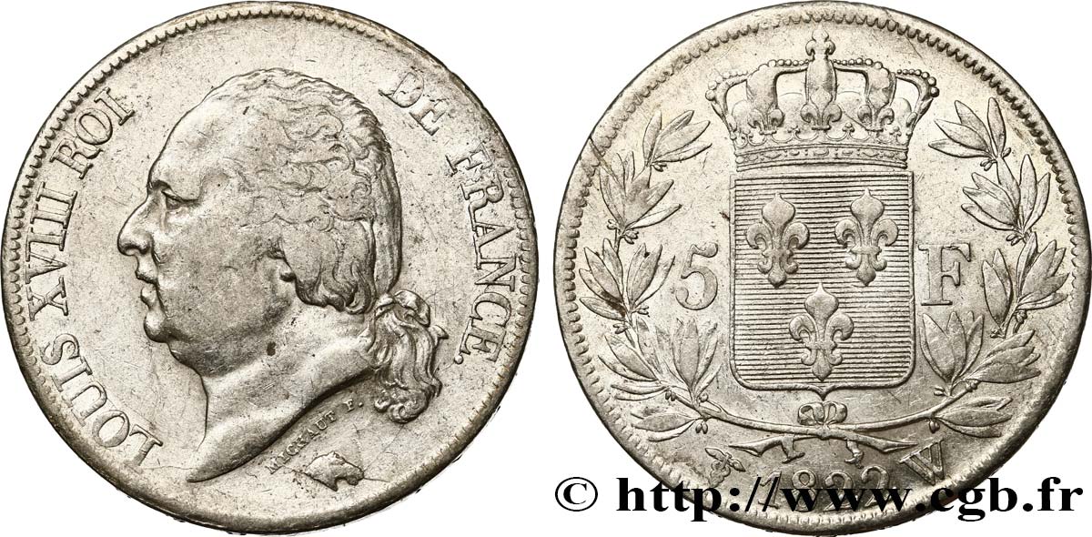 5 francs Louis XVIII, tête nue 1822 Lille F.309/75 TB 