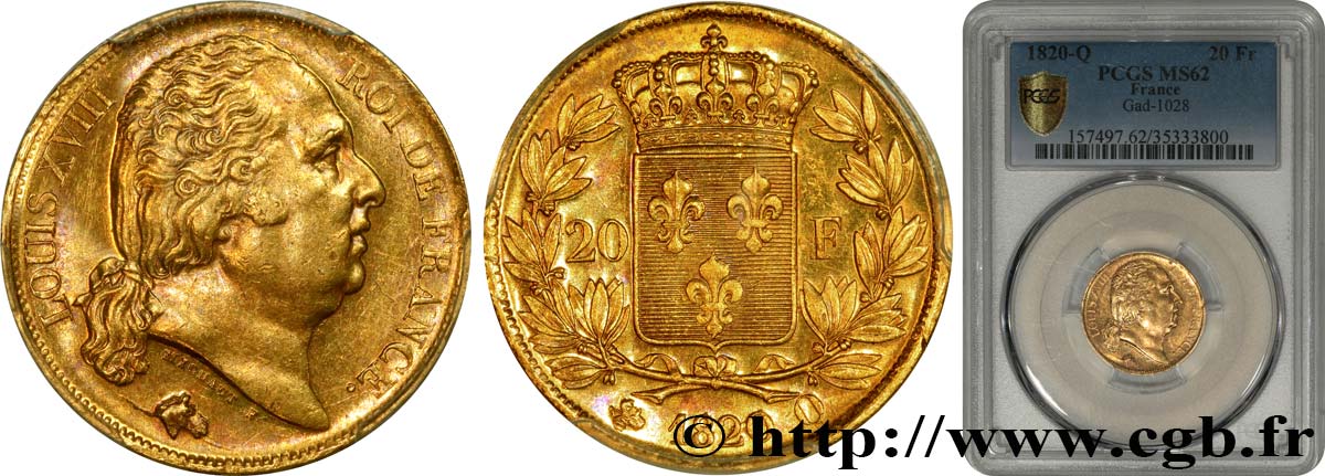20 francs or Louis XVIII, tête nue 1820 Perpignan F.519/21 EBC62 PCGS