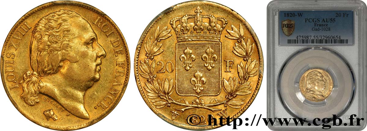 20 francs or Louis XVIII, tête nue 1820 Lille F.519/23 VZ55 PCGS