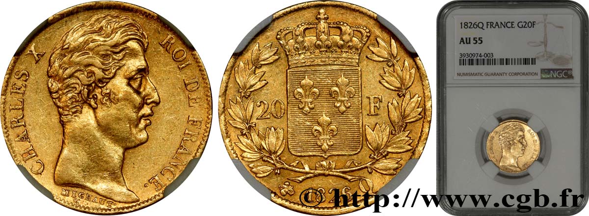 20 francs or Charles X, matrice du revers à quatre feuilles et demie 1826 Perpignan F.520/4 VZ55 NGC