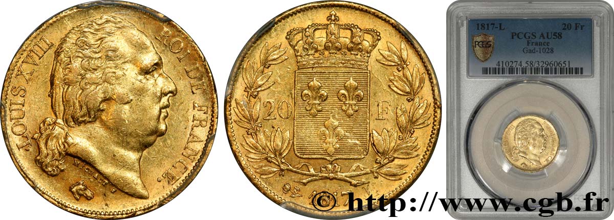 20 francs or Louis XVIII, tête nue 1817 Bayonne F.519/7 AU58 PCGS