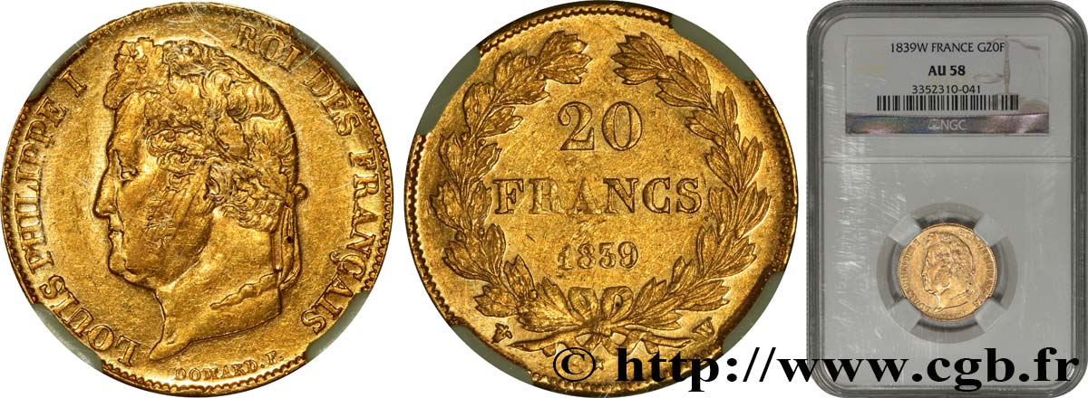 20 francs or Louis-Philippe, Domard 1839 Lille F.527/21 AU58 NGC