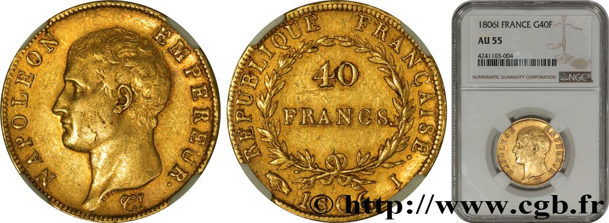 40 francs or Napoléon tête nue, Calendrier grégorien 1806 Limoges F.538/2 EBC55 NGC