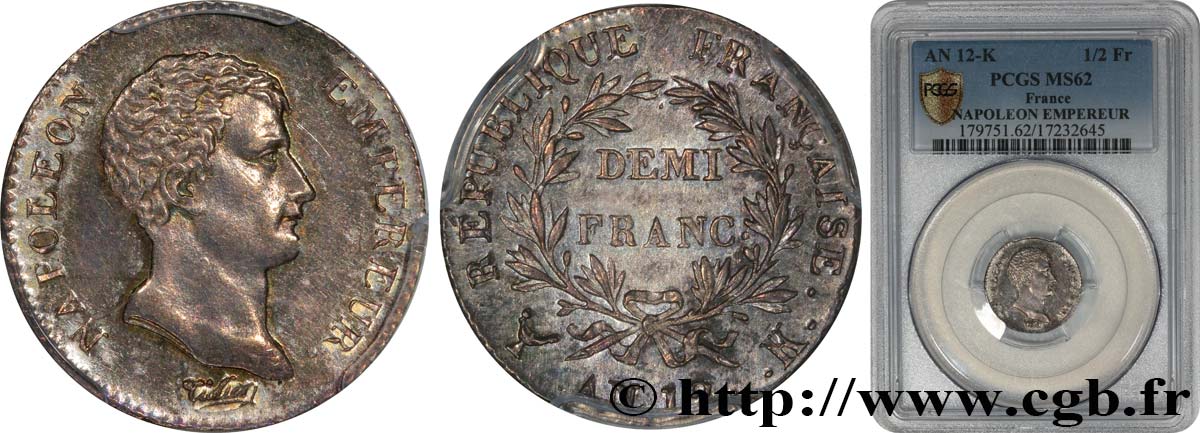 Demi-franc Napoléon Empereur, calendrier révolutionnaire 1804 Bordeaux F.174/6 SPL62 PCGS