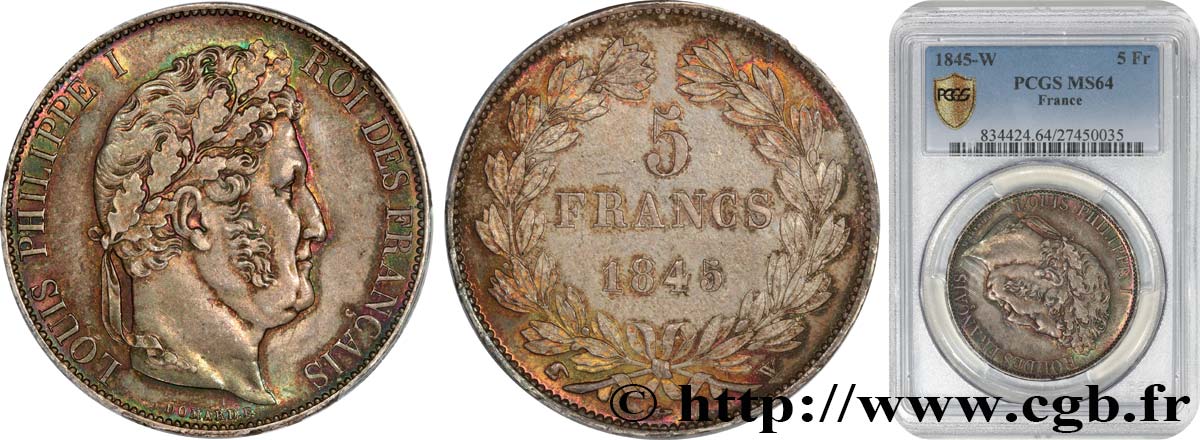 5 francs IIIe type Domard 1845 Lille F.325/9 MS64 PCGS