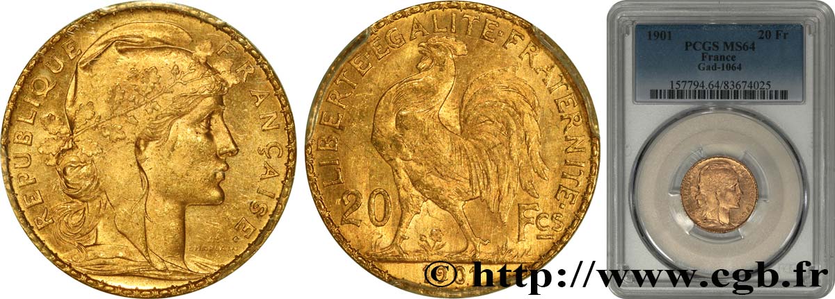 20 francs or Coq, Dieu protège la France 1901 Paris F.534/6 fST64 PCGS