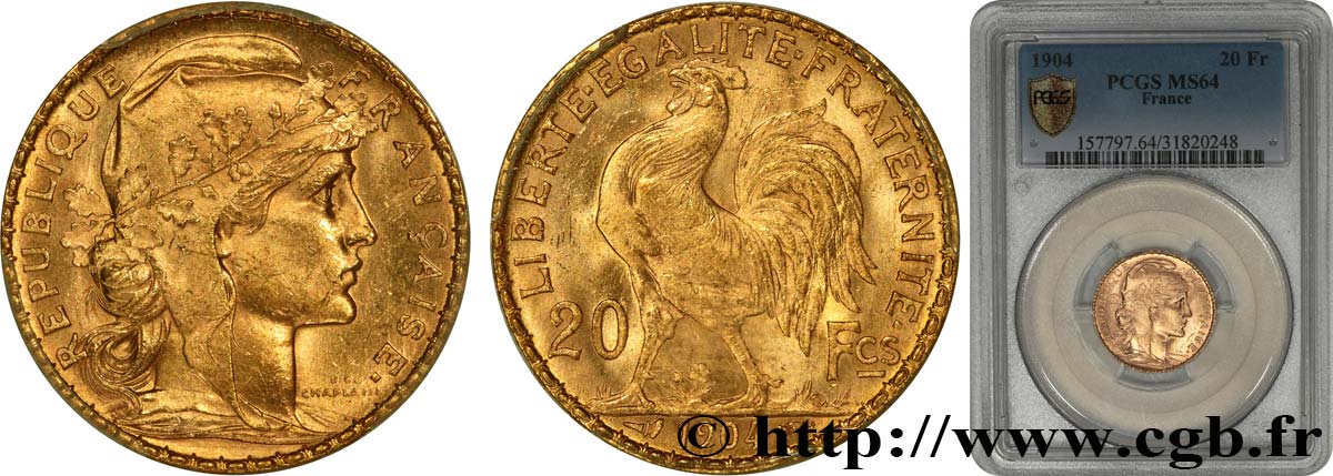 20 francs or Coq, Dieu protège la France 1904 Paris F.534/9 SC64 PCGS