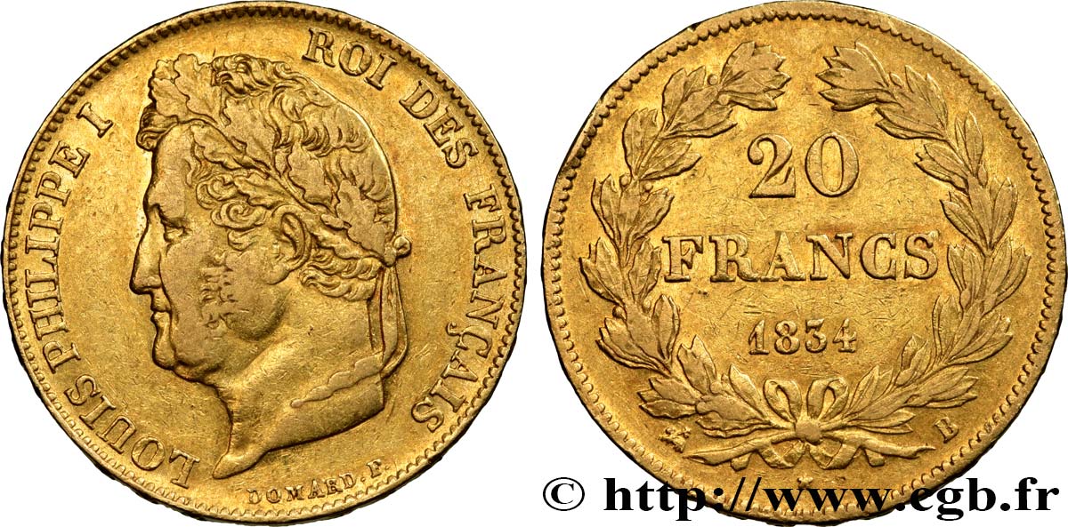 20 francs or Louis-Philippe, Domard 1834 Rouen F.527/8 SS40 