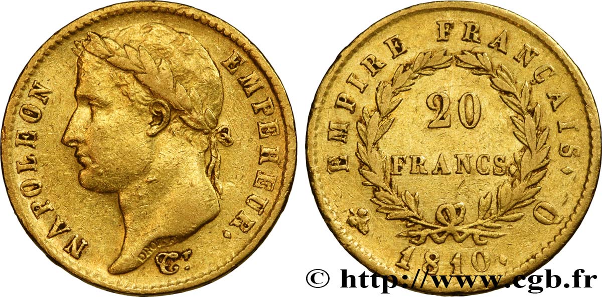 20 francs or Napoléon, tête laurée, Empire français 1810 Perpignan F.516/13 TTB40 