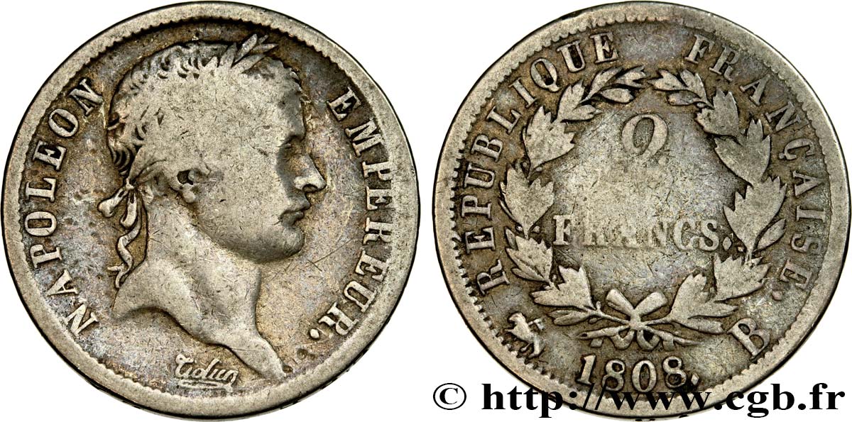 2 francs Napoléon Ier tête laurée, République française 1808 Rouen F.254/5 B10 