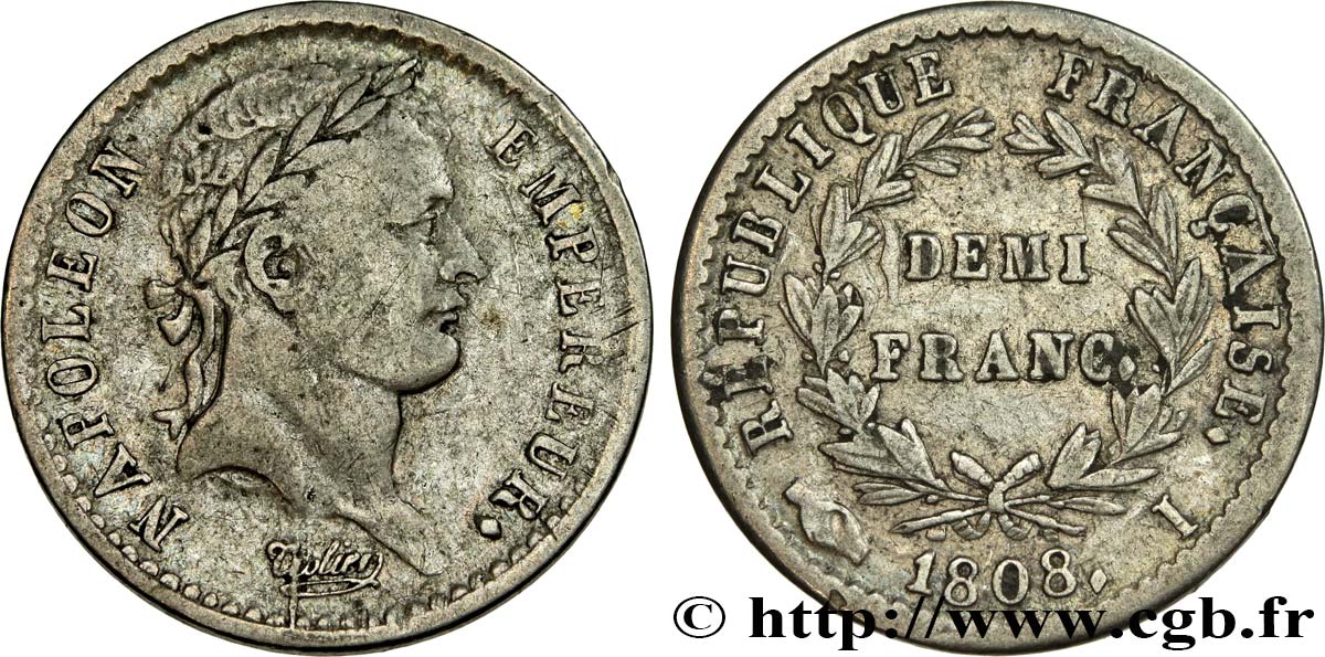 Demi-franc Napoléon Ier tête laurée, République française 1808 Limoges F.177/8 TB35 