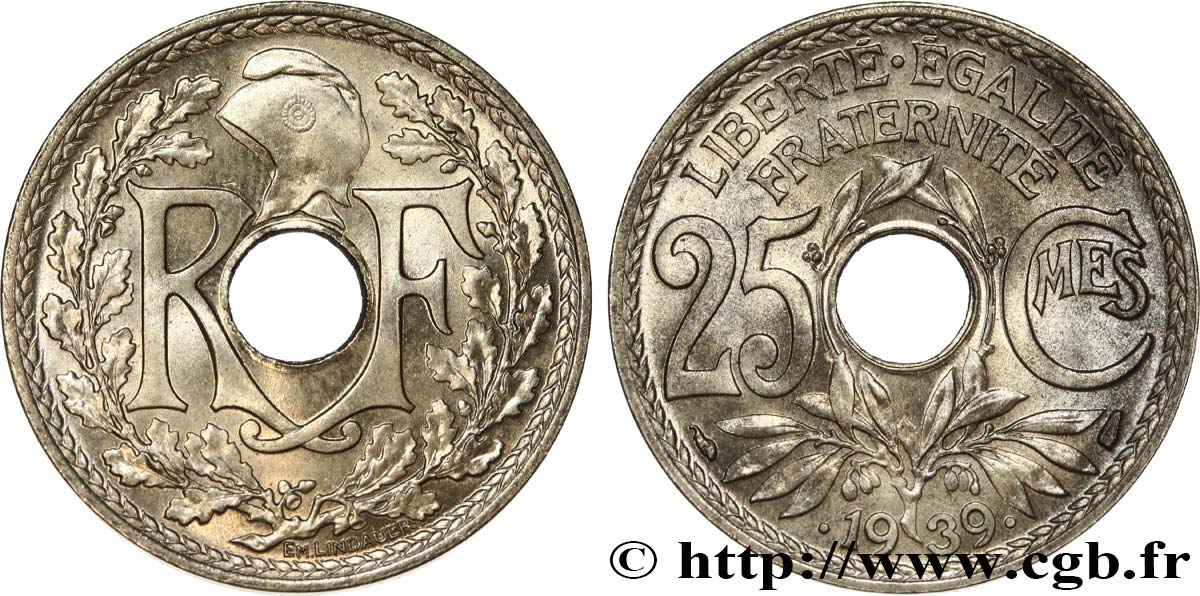 25 centimes Lindauer, Maillechort 1939  F.172/3 SPL63 