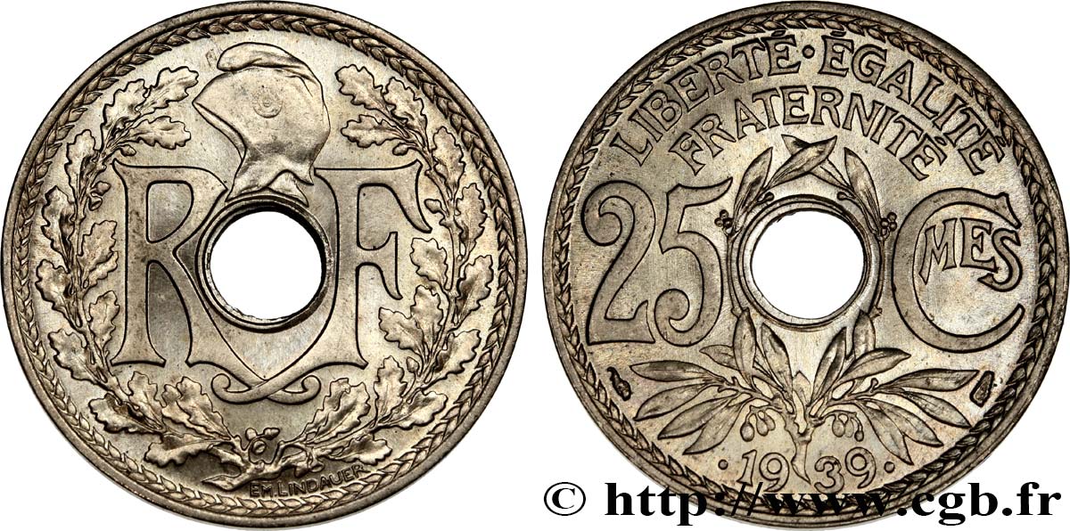 25 centimes Lindauer, Maillechort 1939  F.172/3 fST64 