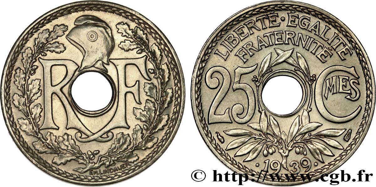25 centimes Lindauer, Maillechort 1939  F.172/3 MS63 