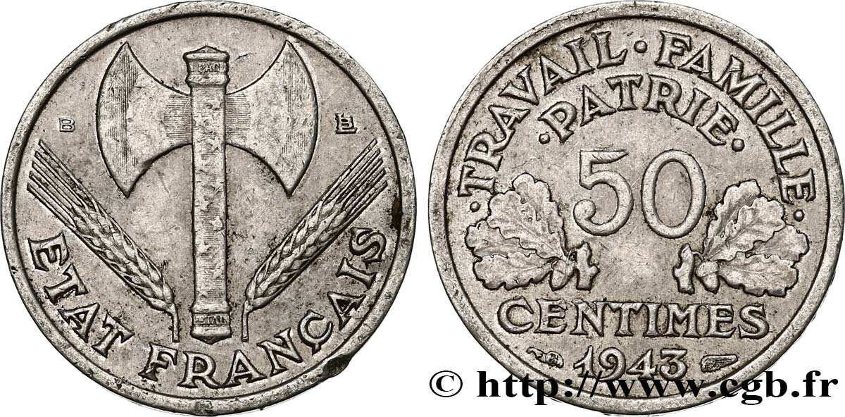 50 centimes Francisque, légère 1943 Beaumont-le-Roger F.196/3 MB35 