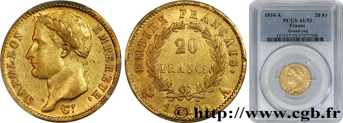 20 francs or Napoléon tête laurée, Empire français 1810 Paris F.516/8 SS53 PCGS