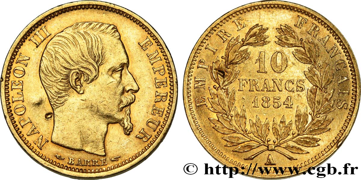 10 francs or Napoléon III, tête nue, petit module, tranche lisse 1854 Paris F.505/1 XF 
