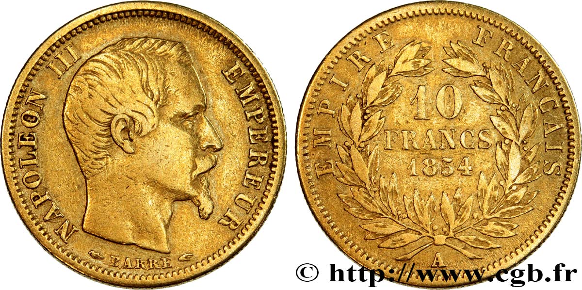 10 francs or Napoléon III tête nue, petit module, tranche cannelée 1854 Paris F.505A/1 BC30 