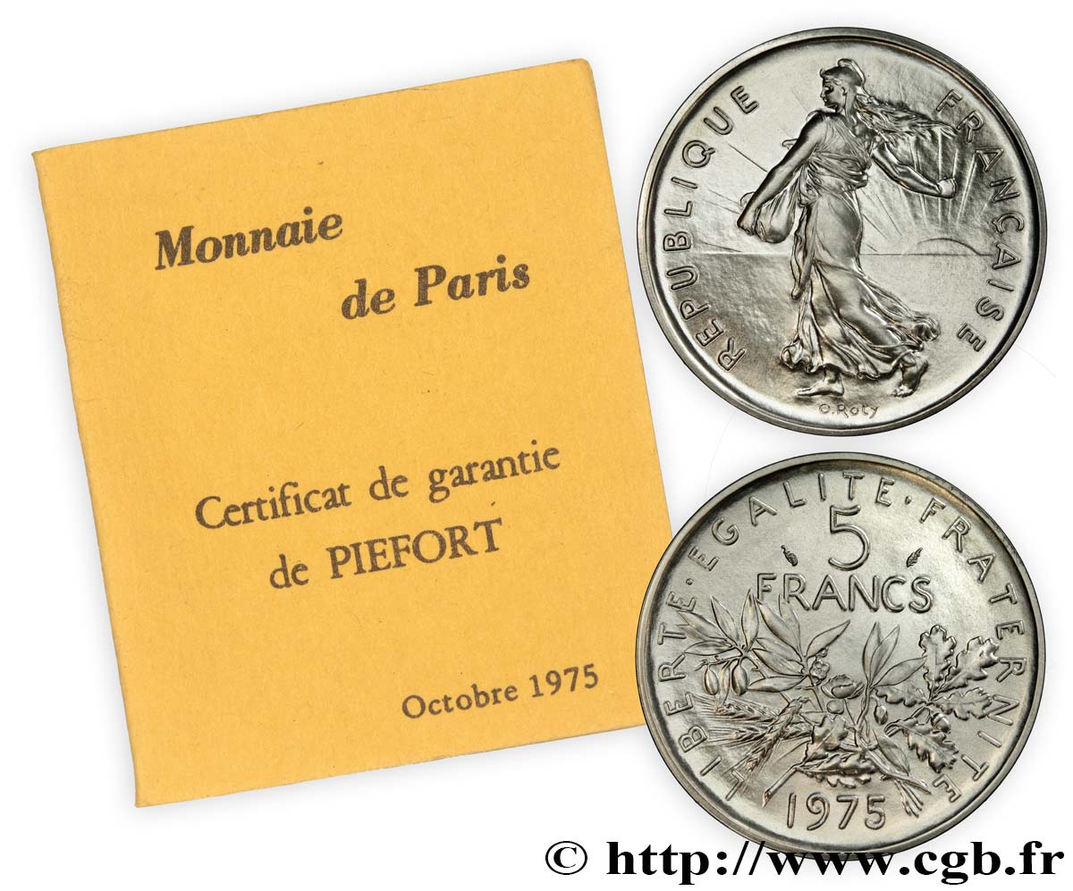 Piéfort argent de 5 francs Semeuse 1975 Pessac F.341/7P FDC 