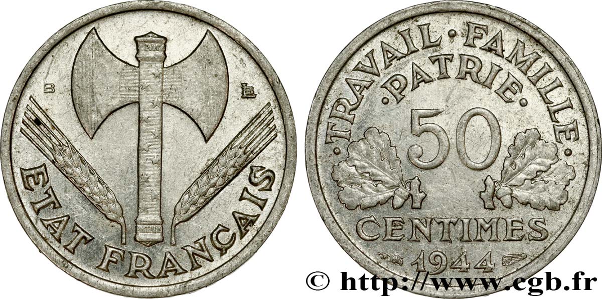 50 centimes Francisque, légère 1944 Beaumont-Le-Roger F.196/5 TTB45 