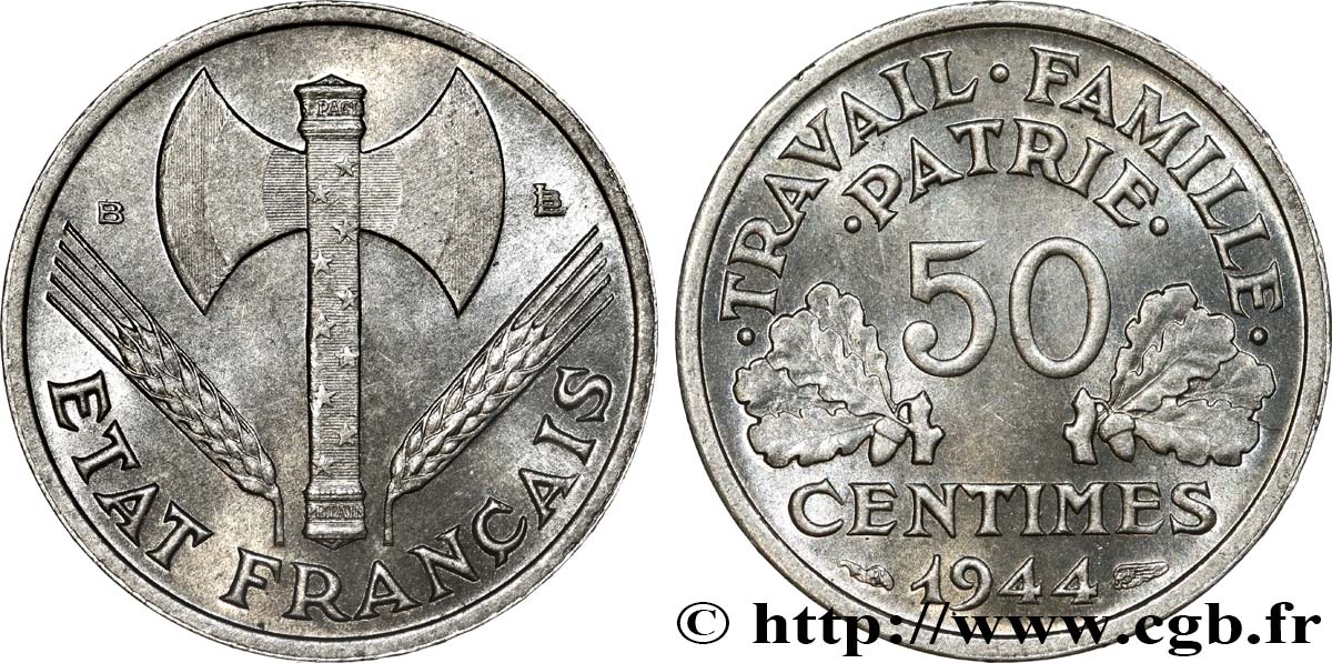 50 centimes Francisque, légère 1944 Beaumont-Le-Roger F.196/5 VZ58 