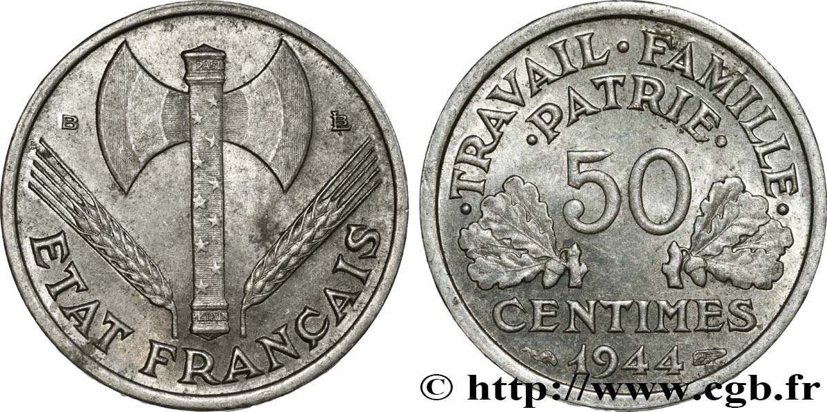 50 centimes Francisque, légère 1944 Beaumont-Le-Roger F.196/5 BB52 