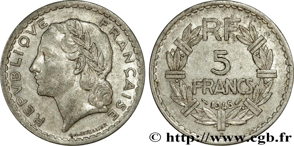 5 francs Lavrillier, aluminium 1945 Beaumont-Le-Roger F.339/4 TTB40 