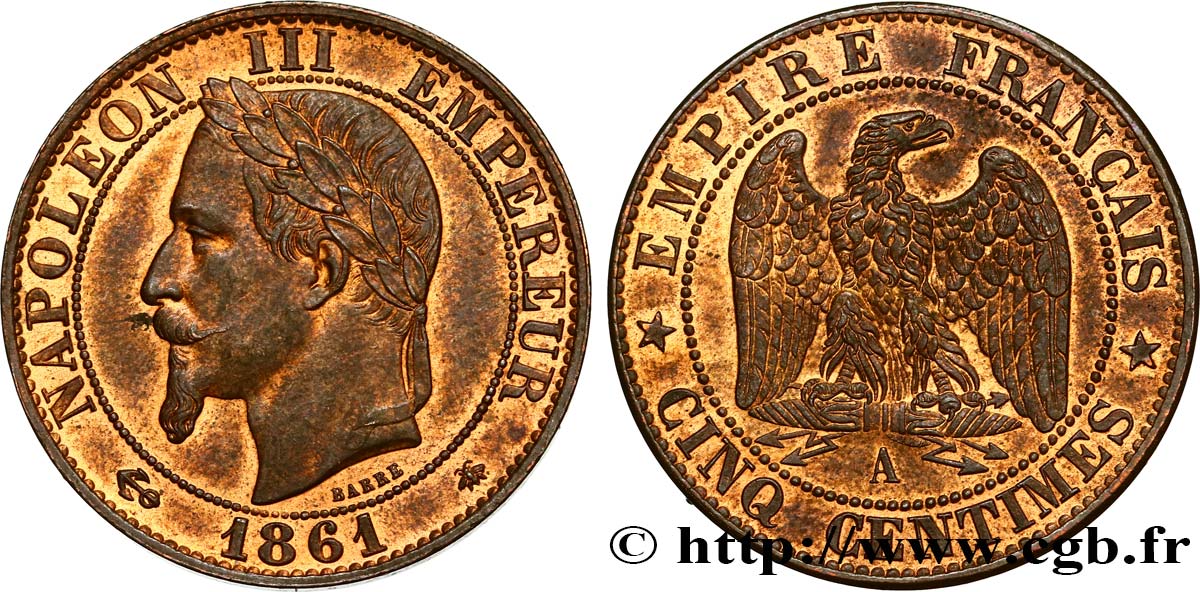 Cinq centimes Napoléon III, tête laurée 1861 Paris F.117/4 AU58 