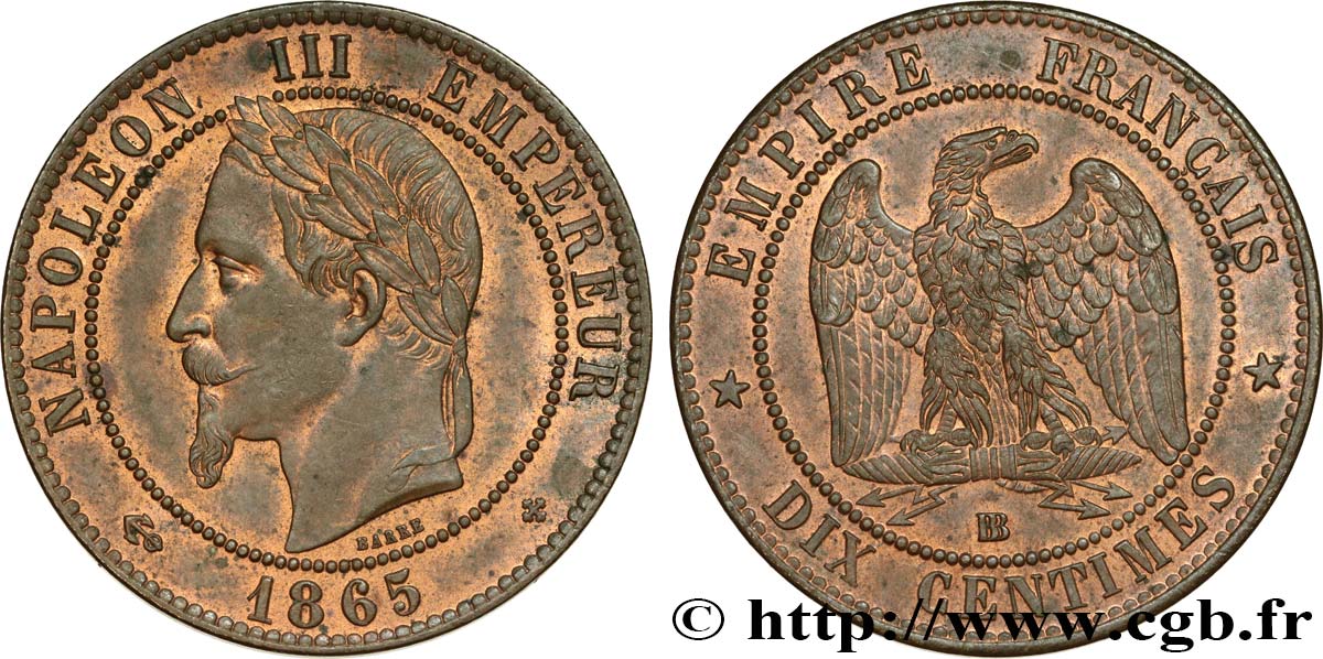 Dix centimes Napoléon III, tête laurée 1865 Strasbourg F.134/17 VZ58 