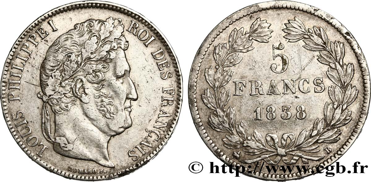 5 francs IIe type Domard 1838 Rouen F.324/69 XF 
