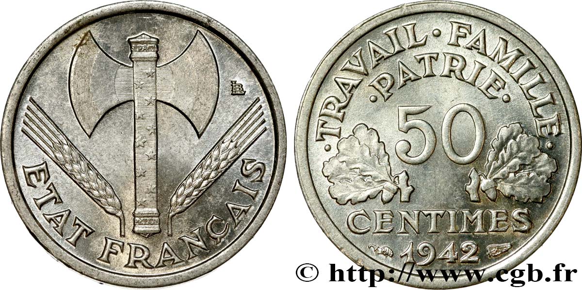 50 centimes Francisque, lourde 1942 Paris F.195/3 SUP55 