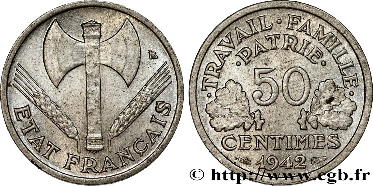 50 centimes Francisque, lourde 1942 Paris F.195/3 SUP55 