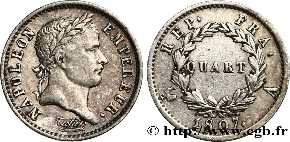 Quart (de franc) Napoléon Ier tête laurée, République française 1807 Paris F.161/1 XF40 