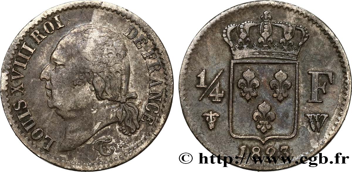 1/4 franc Louis XVIII 1823 Lille F.163/30 MB25 
