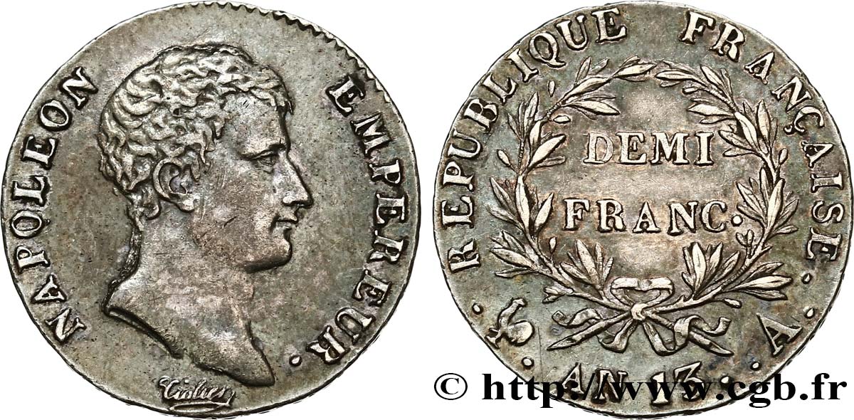 Demi-franc Napoléon Empereur, Calendrier révolutionnaire 1805 Paris F.174/10 TTB50 