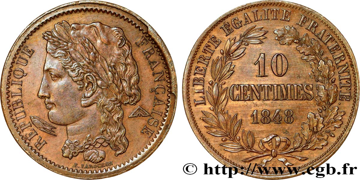 Concours de 10 centimes, essai en cuivre par Farochon, premier revers 1848 Paris VG.3139 var. SUP55 