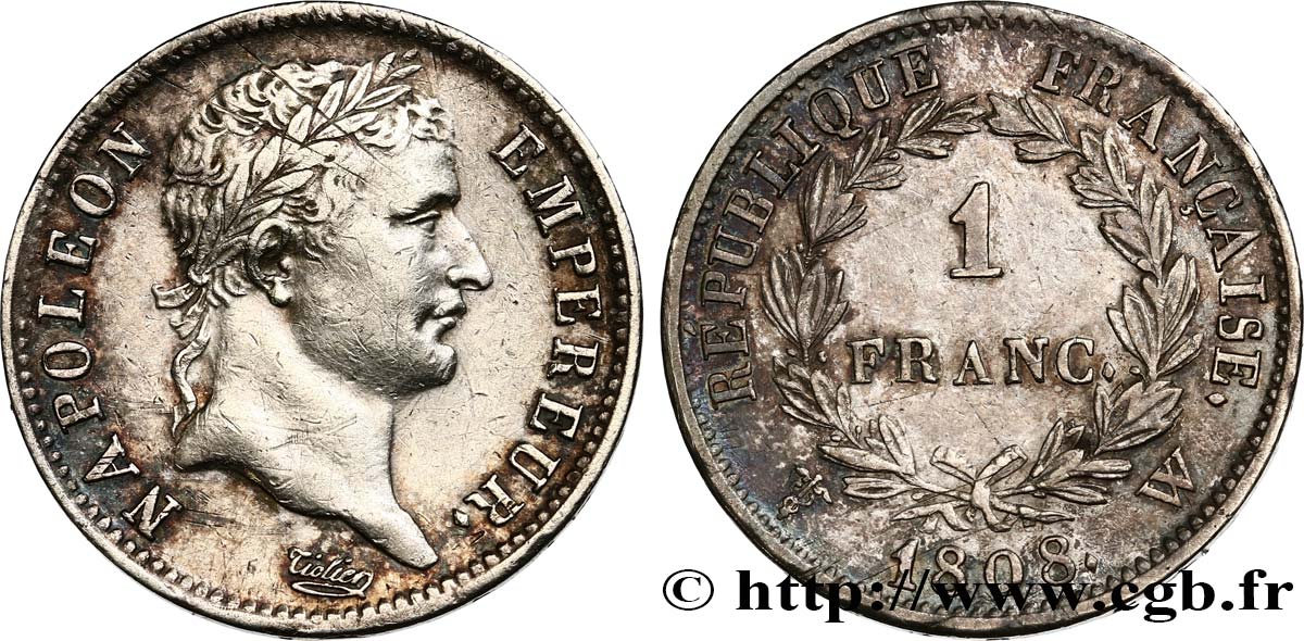 1 franc Napoléon Ier tête laurée, République française 1808 Lille F.204/15 fVZ 