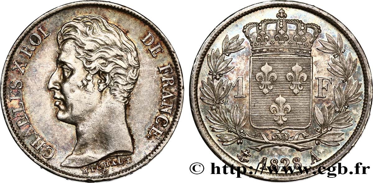 1 franc Charles X, matrice du revers à cinq feuilles 1828 Paris F.207/37 SPL55 