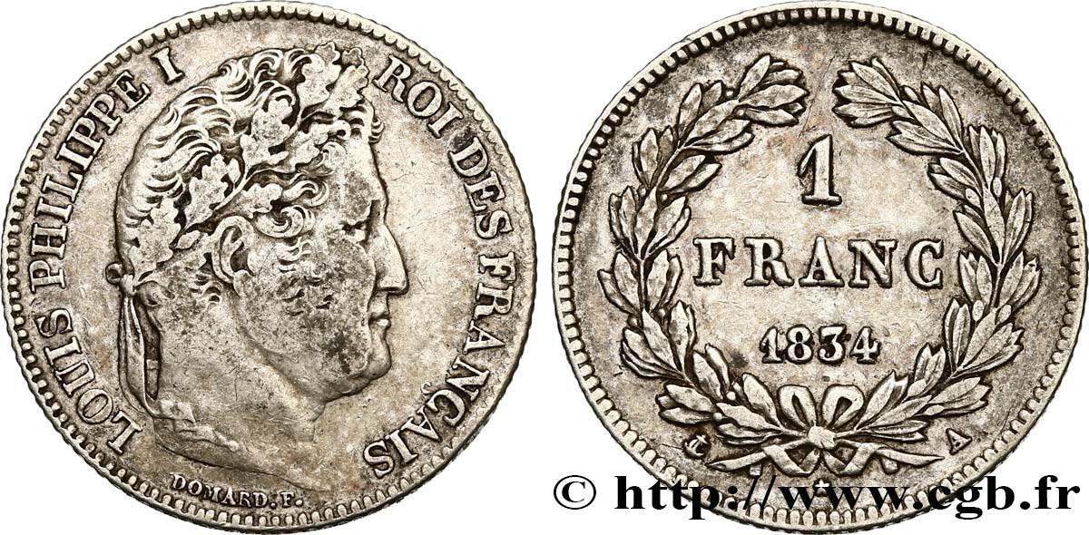 1 franc Louis-Philippe, couronne de chêne 1834 Paris F.210/27 VF35 